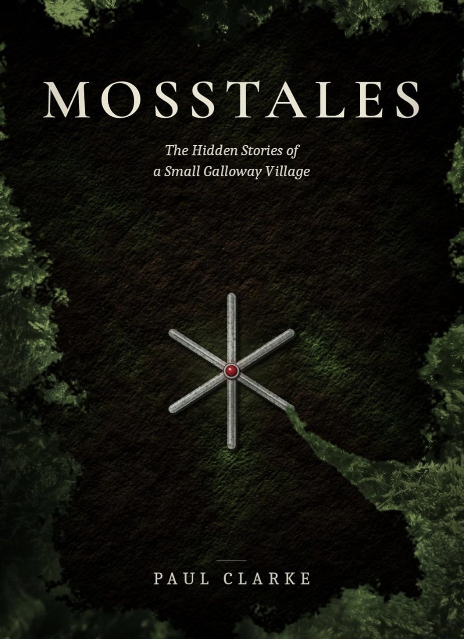 The cover of MossTales: dark soil and moss, with the carved three-line mark and its red stone at the centre